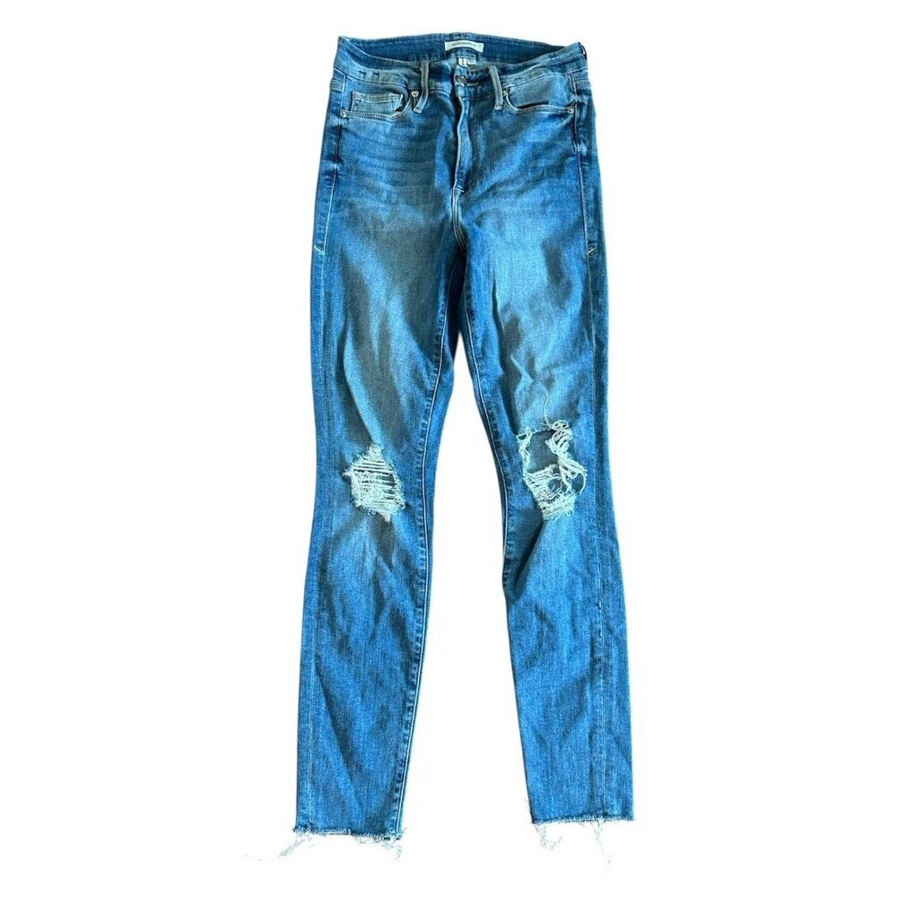 Good American Jeans Womens Sz 4 (27) Indigio Skinny Leg Distressed Raw Hem